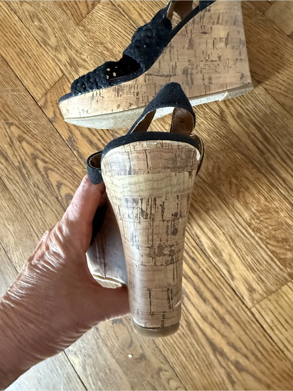 Black Woven Cork Wedge Sandals - Women size 8
